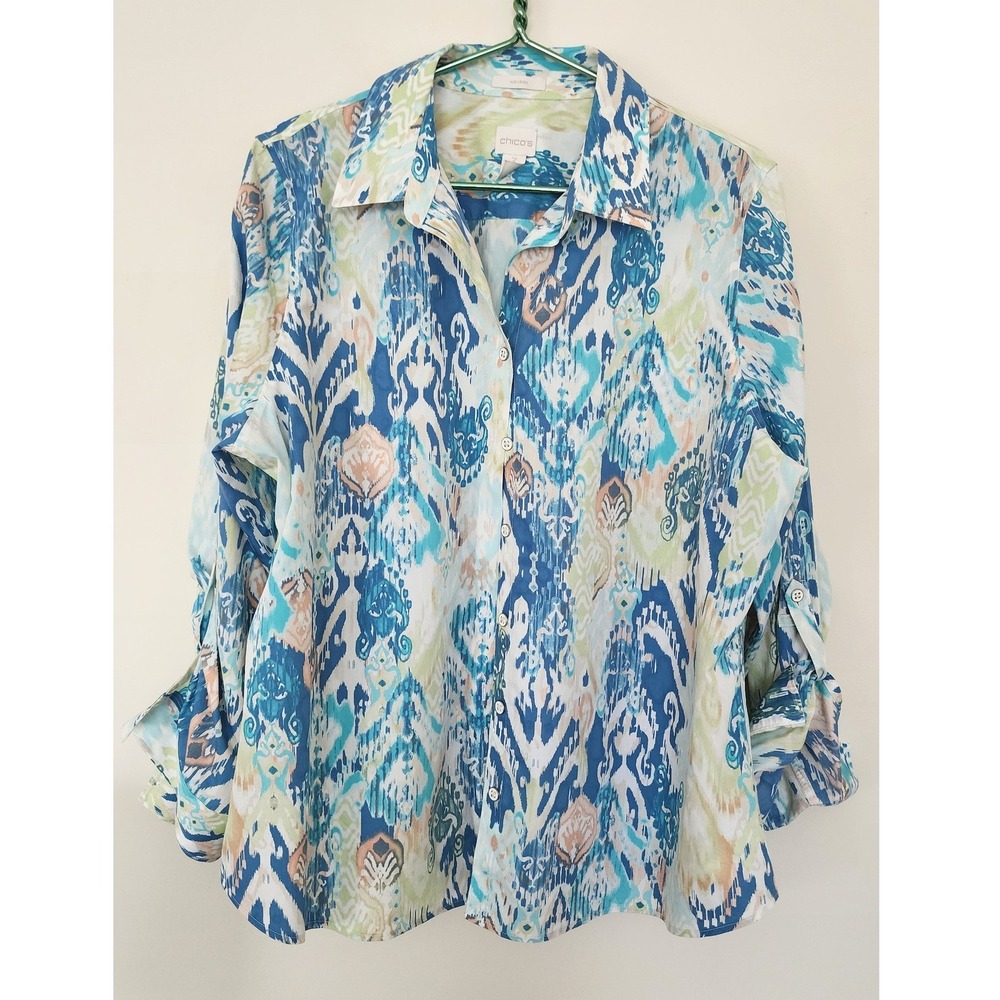 Chicos No Iron Ikat Print Button Front Roll Tab Shirt 3 Resort Vacation Coastal - Picture 4 of 6